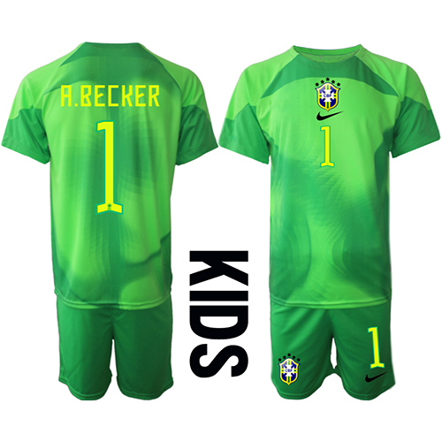 Maglie da calcio Brasile Alisson Becker #1 Portiere Seconda Maglia Bambino Mondiali 2022 Manica Corta (+ Pantaloni corti)